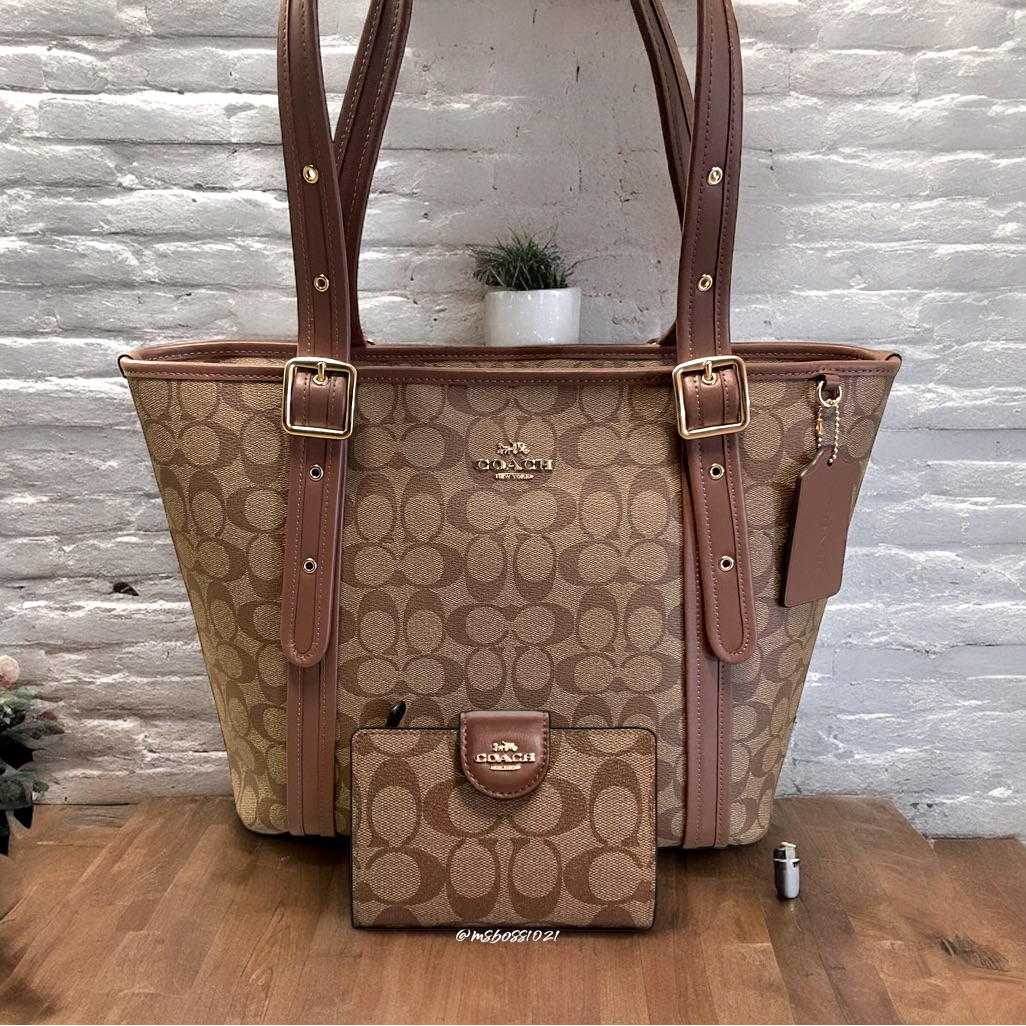 Coach Signature Ashton Tote + Wallet In Khaki/Saddle Nwt